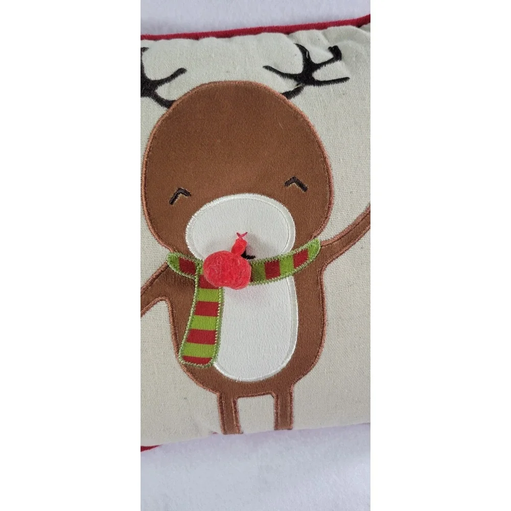 Christmas Rudolph Reindeer Embroidered Square Cushion Pillow Beige Red 10x10